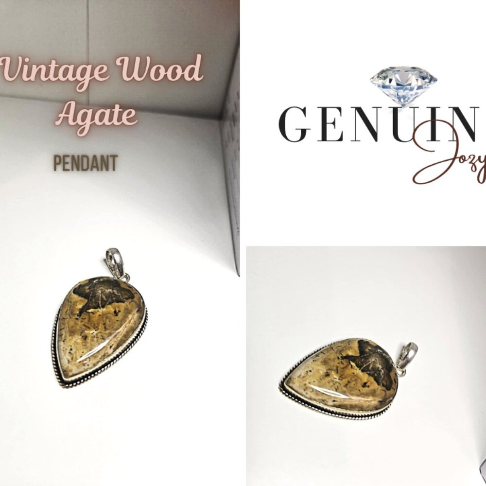 Large Sterling Drop Pendant Wood Agate 2.5 in